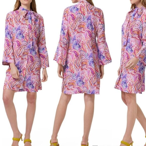 NEW Robert Graham Brenna Dress Multi Color Print Bell Sleeves Silk Blend Large - Picture 1 of 12